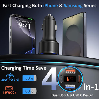 USB C Car Charger 65W, 4-Port QC PD 3.0 Super Fast Charging Cigarette Lighter Adapter Dual 12V USB-C & USB-A Car Phone Charger Plug for iPhone 17 16e 15 Pro Max Galaxy Pixel Android+6FT Type C Cable