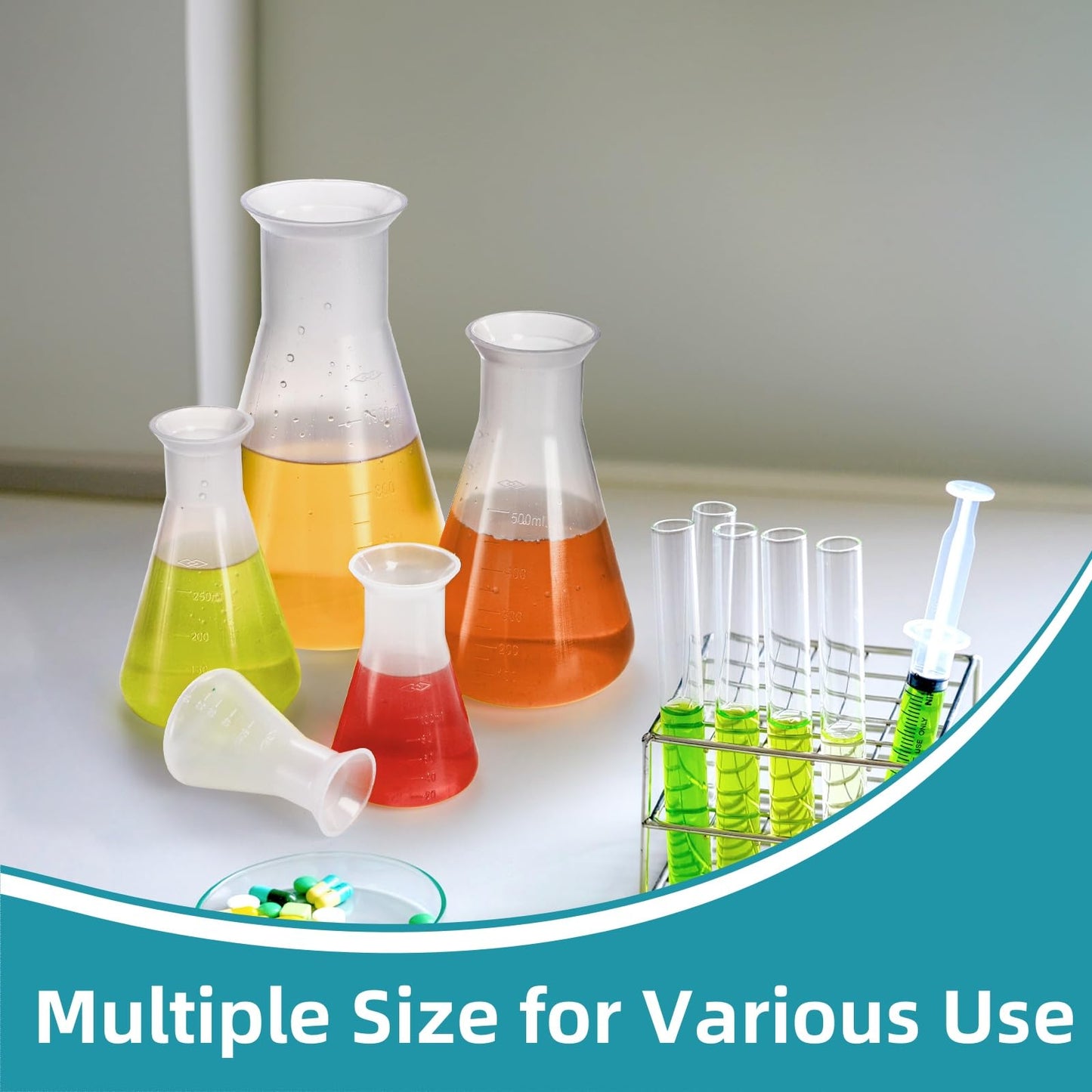 Covzoe 10 Pack Plastic Erlenmeyer Flask, Clear Scientific Conical Flask for Students Experiment, Laboratory Chemical Erlenmey Education Learning Tool, 50ml, 100ml, 250ml, 500ml, 1000ml