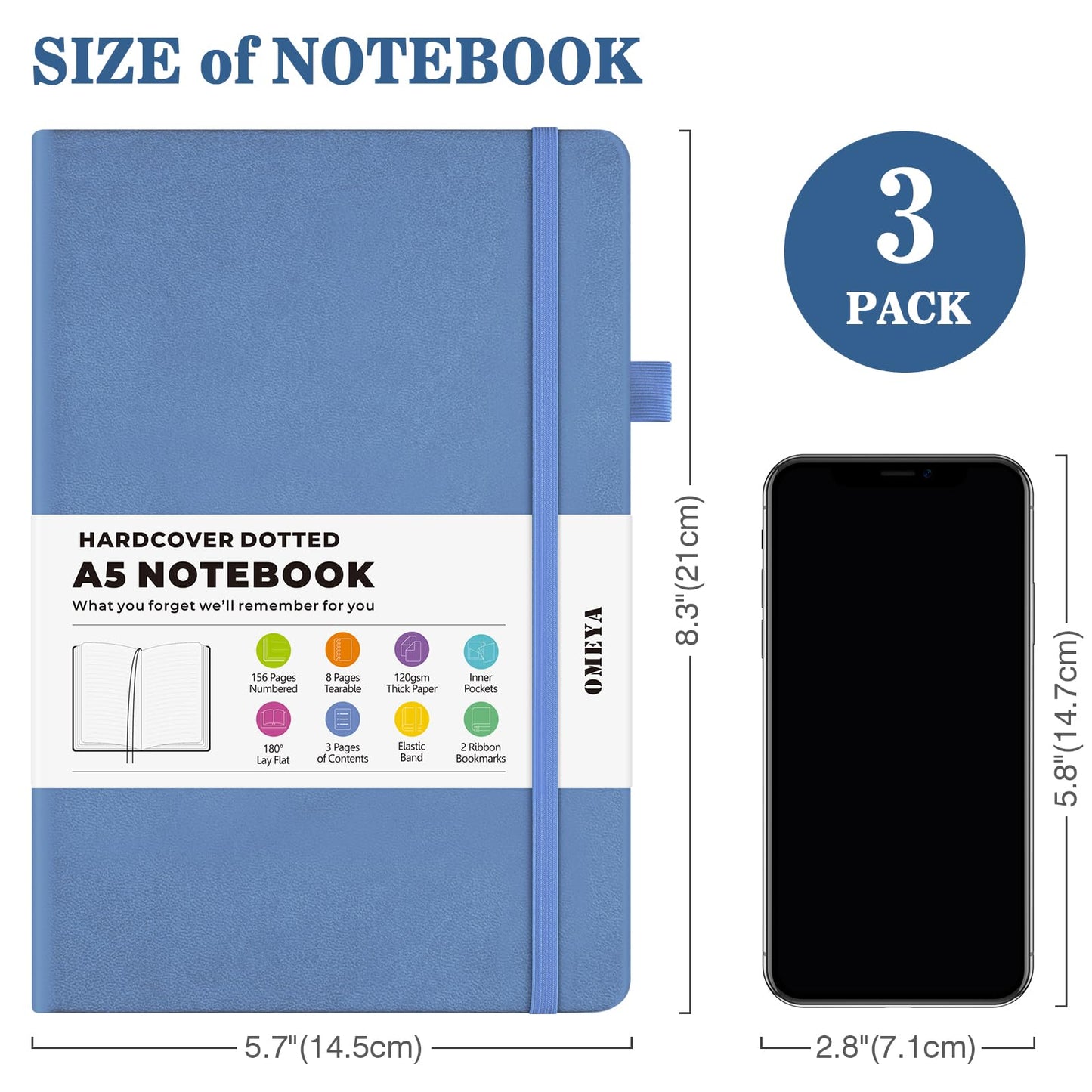 Bullet Dotted Journal Notebook, A5 Dotted Journal with 120gsm Paper, Leather Dotted Notebook, Hardcover Dot Grid Notebook Each with 156 Nmubered Pages, Dot Journal for Women, Men 5.75" × 8.38" (Blue+Pink+Yellow, A5 Dotted)