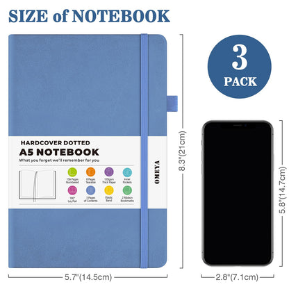 Bullet Dotted Journal Notebook, A5 Dotted Journal with 120gsm Paper, Leather Dotted Notebook, Hardcover Dot Grid Notebook Each with 156 Nmubered Pages, Dot Journal for Women, Men 5.75" × 8.38" (Blue+Pink+Yellow, A5 Dotted)