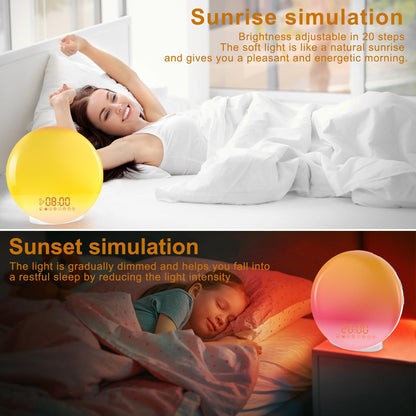 Cadrim Wake up Light, Natural Sunrise Simulation Alarm Clock Sunset Fading with Dual Alarm Clocks Snooze Function 7 Natural Sounds Setting Color Changeable Beside Nightlight and FM Radio for Bedroom