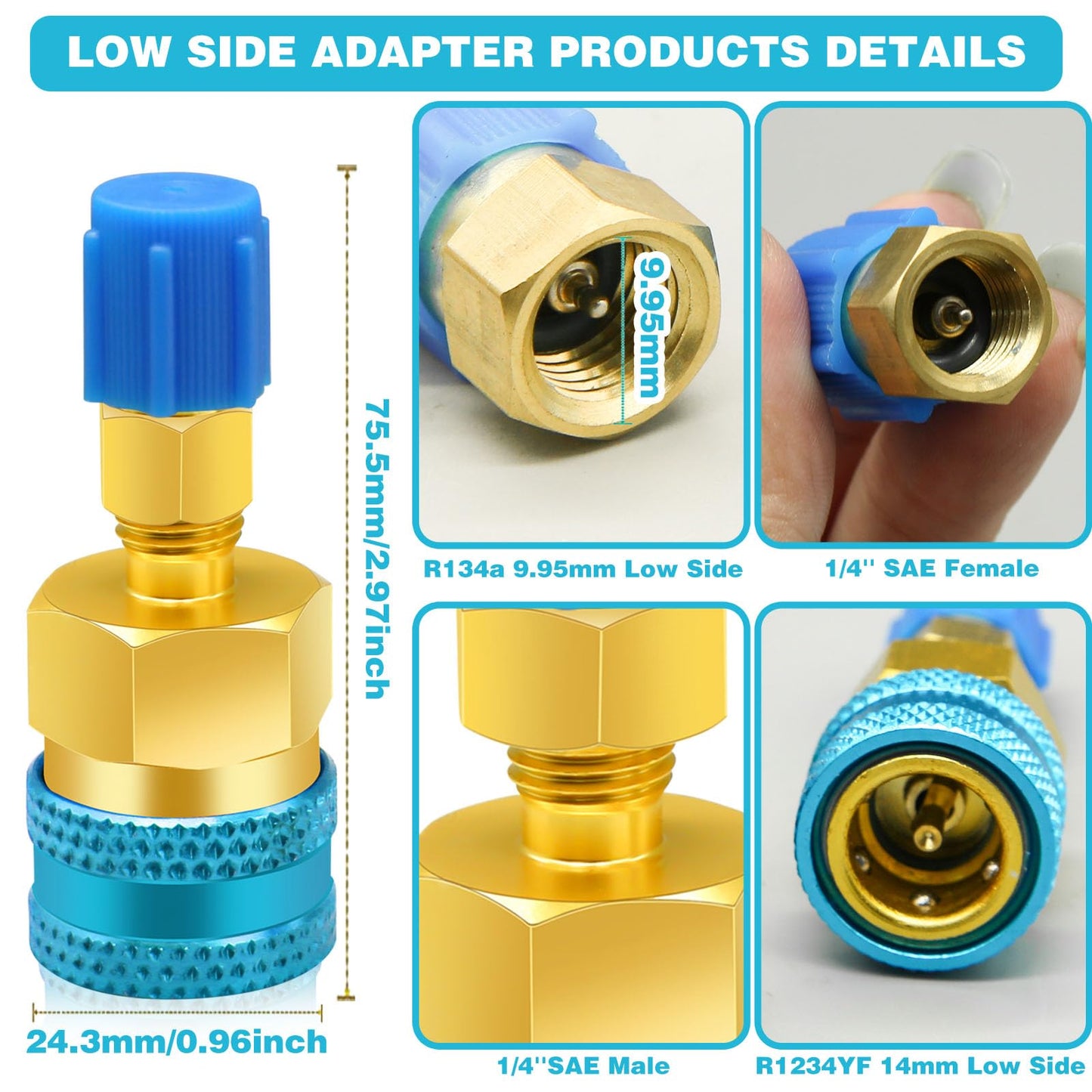 2Pcs R1234yf to R134a Adapter, Quick Couplers Kit R1234yf Refrigerant Recharge Kit, High/Low Side R134a to R1234yf Adapters for R1234yf/R134a Car Ac Refrigerant System Evacuation Recharging, Red, Blue