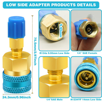 2Pcs R1234yf to R134a Adapter, Quick Couplers Kit R1234yf Refrigerant Recharge Kit, High/Low Side R134a to R1234yf Adapters for R1234yf/R134a Car Ac Refrigerant System Evacuation Recharging, Red, Blue
