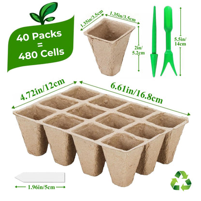40 Packs Peat Pots Seed Starter Tray, 480 Cells Biodegradable Seedling Pots Germination Trays, Plant Starter Tray for Seedling, Organic Seed Starting Trays kit with Labels & 2 Transplant Tools (40)