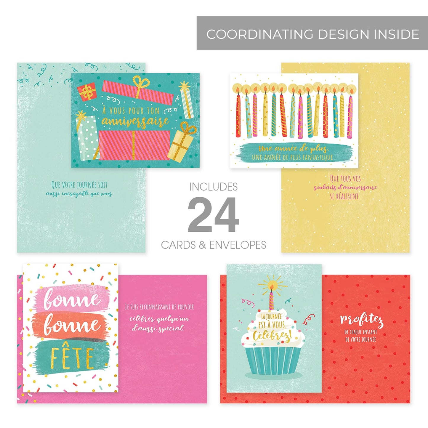 Colorful Happy Birthday Card Assortment / 24 Folded Anniversaire Greeting Cards With White Envelopes / 4 5/8" x 6 1/4" French Canadian Notecards / 4 Unique Designs/Made In Canada