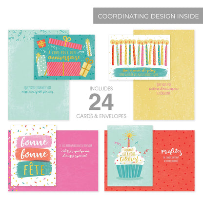 Colorful Happy Birthday Card Assortment / 24 Folded Anniversaire Greeting Cards With White Envelopes / 4 5/8" x 6 1/4" French Canadian Notecards / 4 Unique Designs/Made In Canada