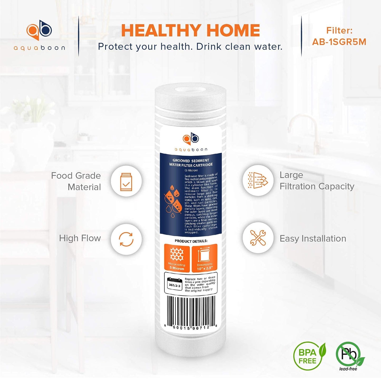 Aquaboon Whole House 5 Micron 10 x 2.5 PP Grooved Sediment Water Filter Cartridge Replacement Compatible with AP110, WHKF-GD05, CFS110, P5, 4-Pack