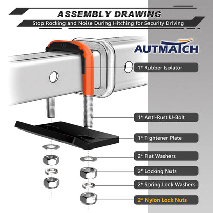 AUTMATCH Hitch Tightener Anti-Rattle Clamp, Heavy Duty Hitch Stabilizer for 1.25 and 2 inch Trailer Hitches, Rubber Isolator and Anti-Rust Double Coating Protective, Orange & Black
