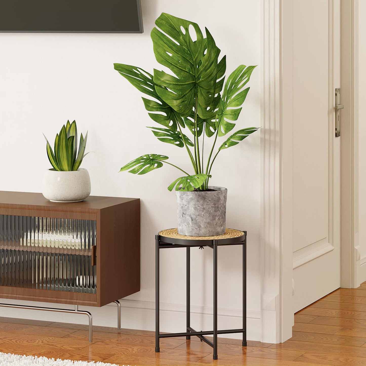 Bamworld Round Plant Stand Indoor Rattan Plant Pedestal Metal Modern Plant Table Shelf for Small Spaces Elegant Flower Holder for Patio Balcony Garden