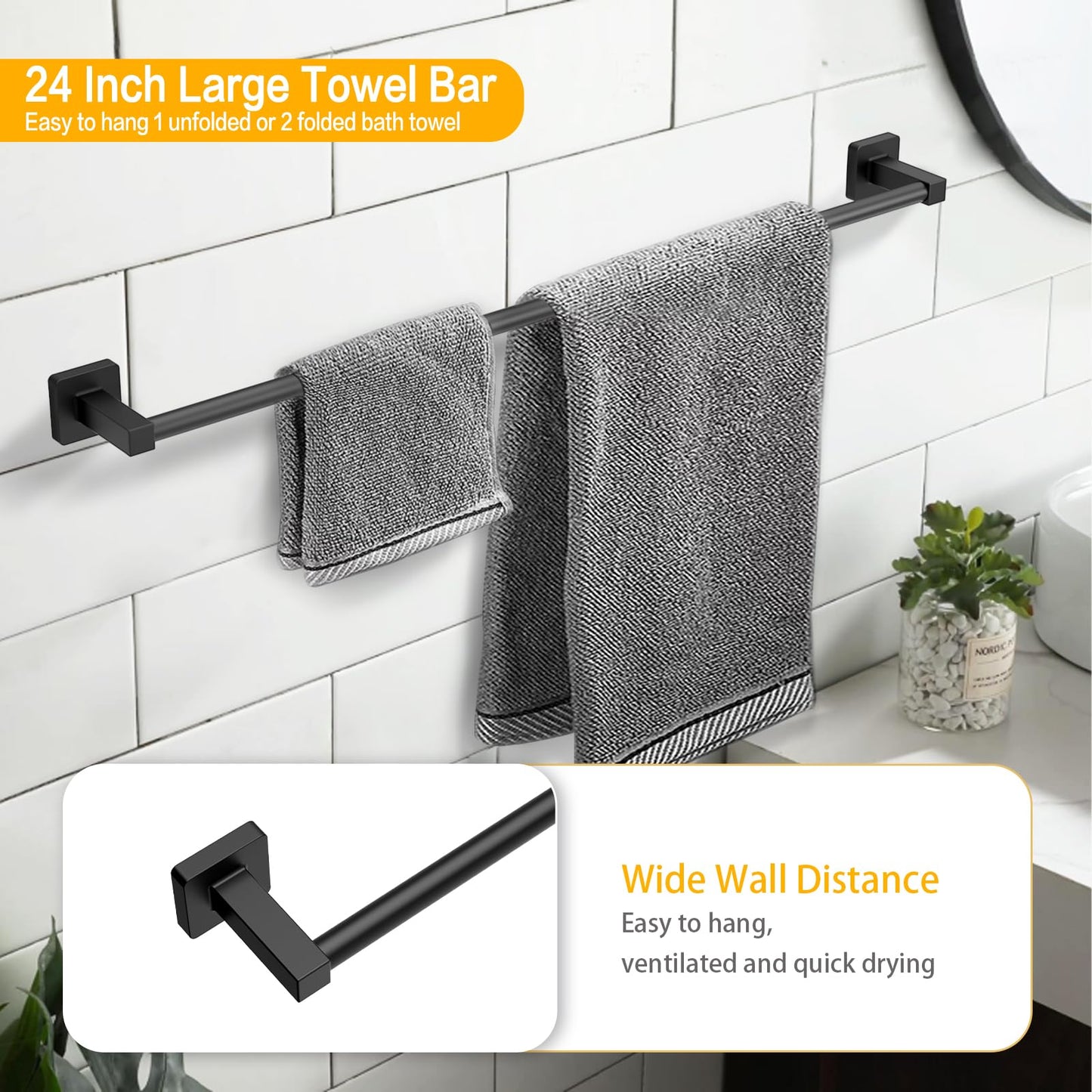 4Pcs Bathroom Hardware Set SUS304 Stainless Steel Wall Mount, Include 24" Bath Towel Bar, Hand Towel Ring, Robe Towel Hook, Toilet Paper Holder, Square Bathroom Accessories Rack Set, Matte Black