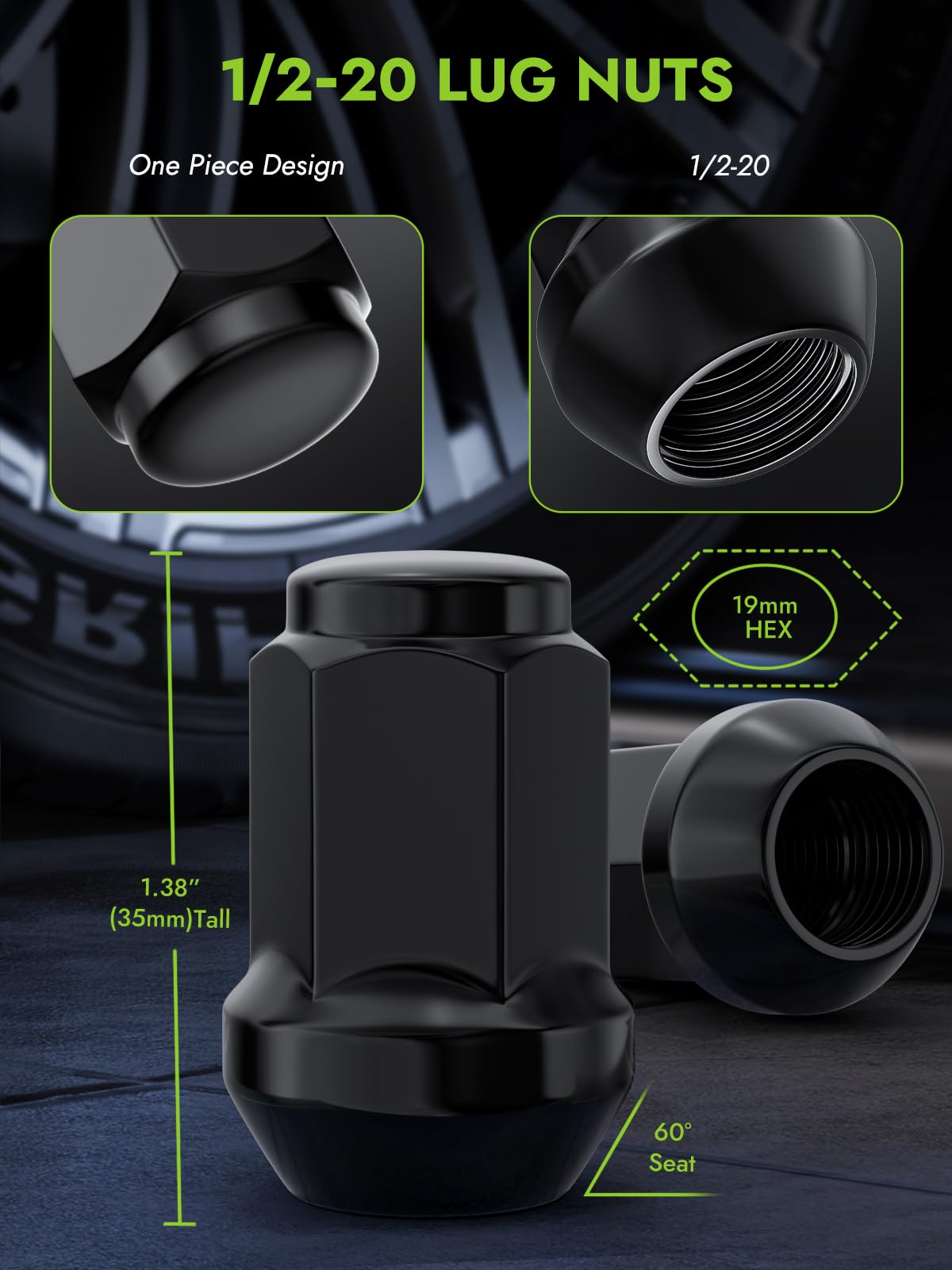 AUTOPTIM 1/2-20 Lug Nuts - Replacement for 1987-2018 Wrangler JK, 2002-2012 Liberty, 1993-2010 Grand Cherokee, 1996-2014 Ford Mustang, Black 19mm Hex 1.38" Tall, Closed End Wheel Lug Nuts (20pcs)