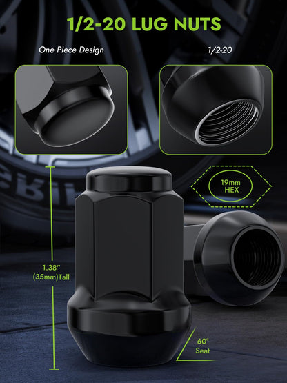 AUTOPTIM 1/2-20 Lug Nuts - Replacement for 1987-2018 Wrangler JK, 2002-2012 Liberty, 1993-2010 Grand Cherokee, 1996-2014 Ford Mustang, Black 19mm Hex 1.38" Tall, Closed End Wheel Lug Nuts (20pcs)