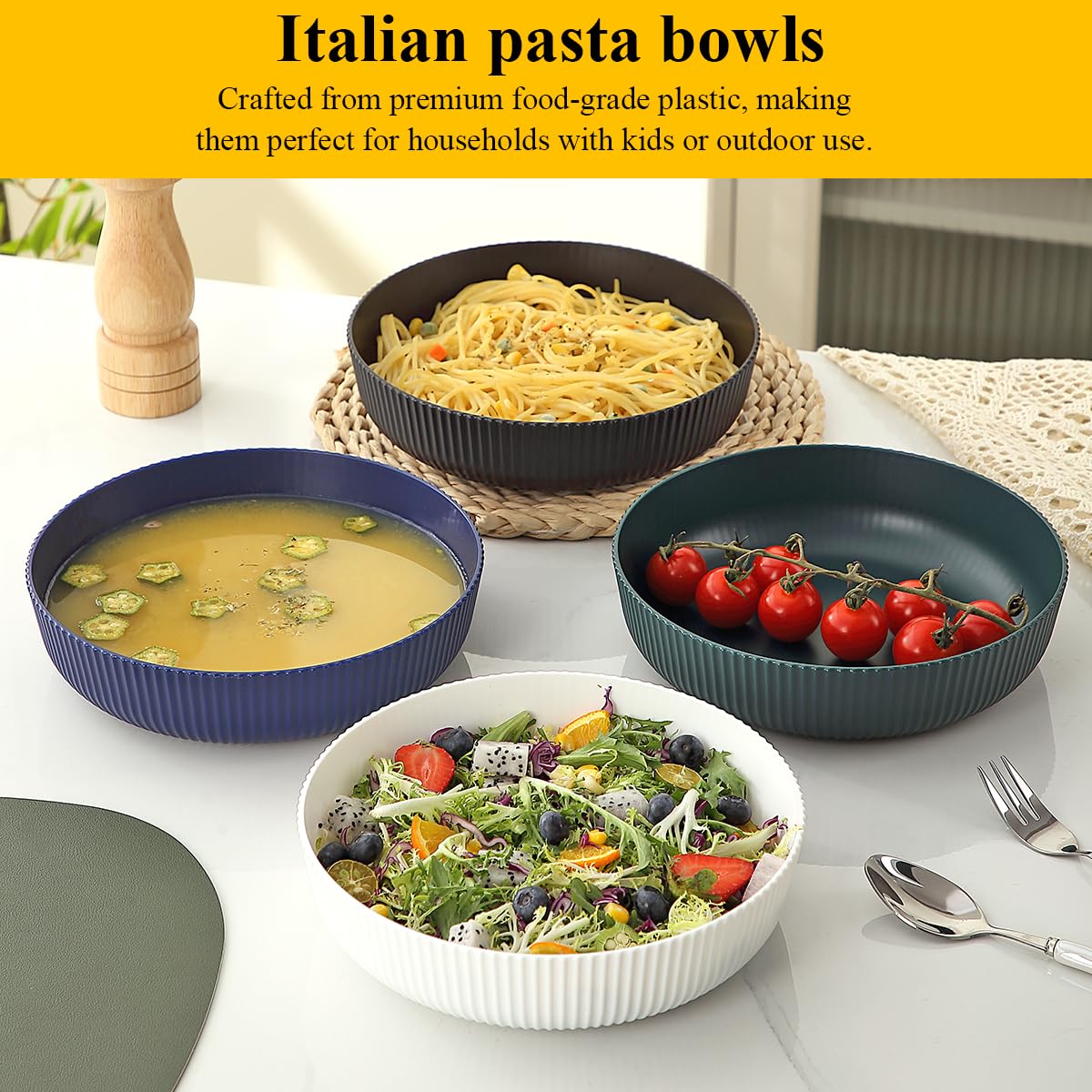 Berglander Pasta Bowls Set of 4, Salad Bowls 37oz Unbreakable Large Plastic Soup/Salad/Fruit/Serving Bowls for Home, Restaurant, Outdoor, Picnic, Camping, Serving Dishes
