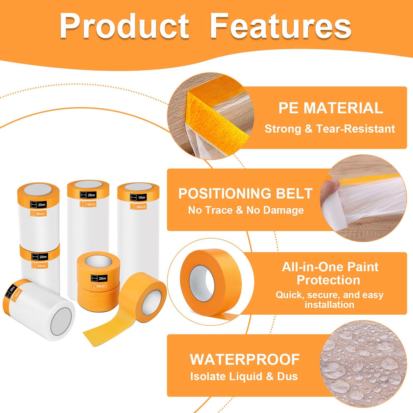 9Rolls Pre-Taped Masking Film Kit, 2 Sizes Self-Adhesive Painters Tape 22in×66ft/59in×66ft Paint Tape and Drape with 5Pcs Masking Tapes Pre-Taped Masking Paper for Painting Automotive DIY Project