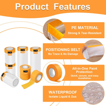 9Rolls Pre-Taped Masking Film Kit, 2 Sizes Self-Adhesive Painters Tape 22in×66ft/59in×66ft Paint Tape and Drape with 5Pcs Masking Tapes Pre-Taped Masking Paper for Painting Automotive DIY Project