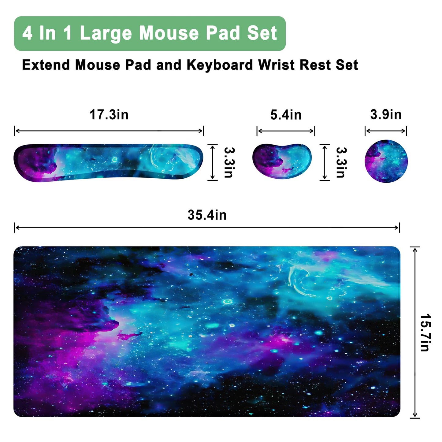 4-in-1 Large Gaming Mouse Pad, Keyboard Wrist Rest Pad & Wrist Support Mouse pad Set, Ergonomic Mouse Pad, Extended Desk Pad Waterproof Desk Mat for Home Office Study - Nebula Galaxy