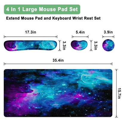 4-in-1 Large Gaming Mouse Pad, Keyboard Wrist Rest Pad & Wrist Support Mouse pad Set, Ergonomic Mouse Pad, Extended Desk Pad Waterproof Desk Mat for Home Office Study - Nebula Galaxy
