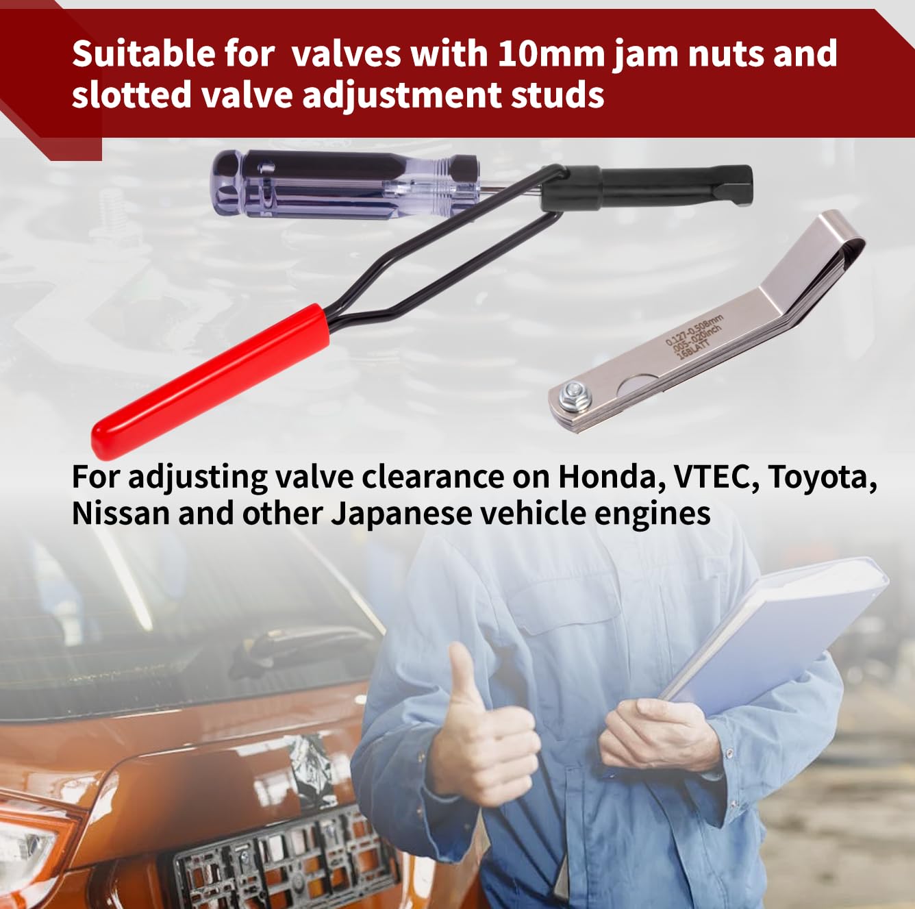 Relioky Valve Adjustment Tool for 10mm Jam Nut,with Angled Feeler Gauge, Slotted Valve Adjusting Stud,Valve Lash Adjustment Tool for Honda,Toyota,Nissan and Other Japanese Car Engines