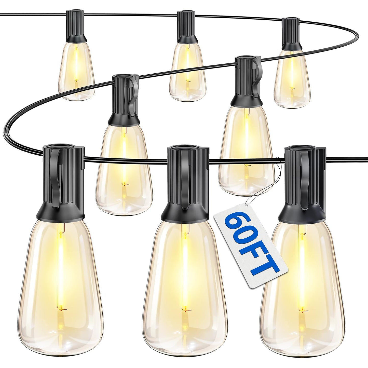 VIPAR Outdoor String Lights 60FT LED Patio Lights Waterproof with 28 Shatterproof ST38 Edison Bulbs Outside Hanging Light Dimmable Connectable for Porch, Deck, Garden, Backyard, Balcony, Decor, 2700K