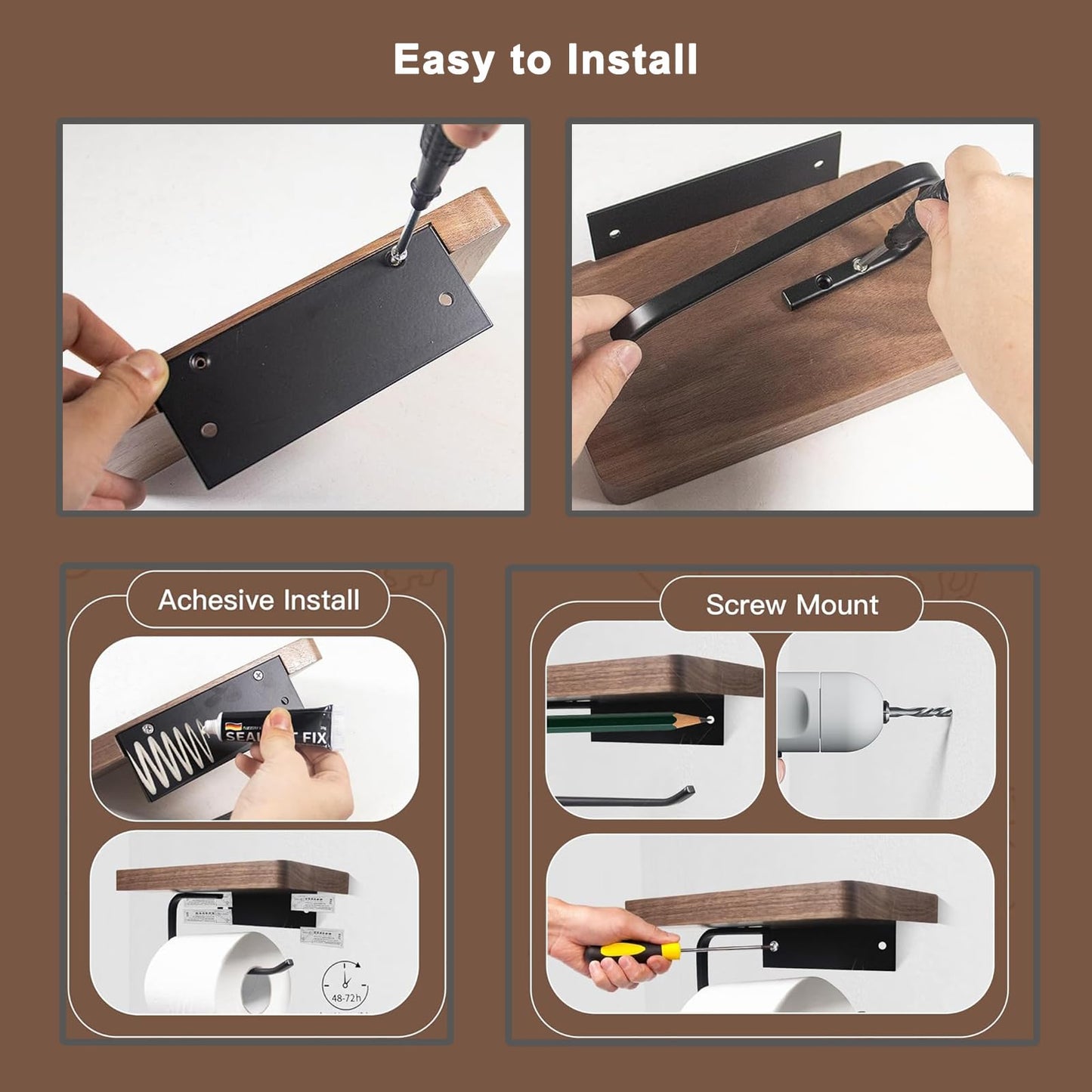 AISHEDYER Toilet Paper Holder with Shelf - Wall Mount & Self-Adhesive Bathroom Tissue Roll Holder, Black Stainless Steel with Walnut Shelf for Phone - Home Apartment Hotel Restroom Decor Essentials