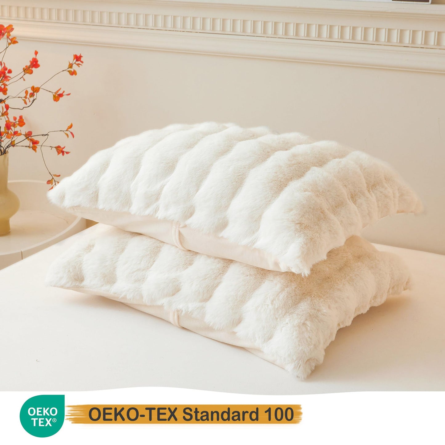 LIFEREVO 2 Pack Fluffy Faux Rabbit Fur Pillow Cases, Luxury Soft Plush Shaggy Bubble Pillowcases Standard Size with Zipper Closure, Furry Fuzzy Ivory Long Pillow Shams Bedroom Living Room 20x26, Beige