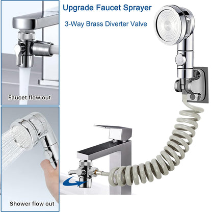 Sink Faucet Hose Sprayer Attachment Set Kitchen Bathroom Handheld ON/Off Sink Sprayer with 118’’ Spring Hose, Diverter and 3 PCS Adapters for Pet Rinse, Hair Washing, Baby Bath