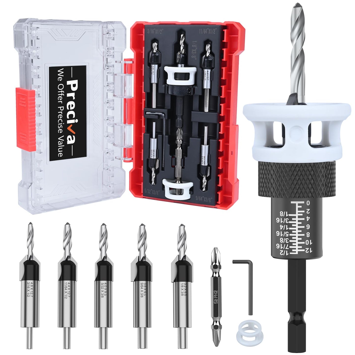 Preciva 5 Pcs Countersink Drill Bits Set, M2 HSS Tapered Drill Bits(1/8"、9/64"、5/32"、11/64"、3/16" with 2 Depth Stops & Hex Shank - for Wood, Plywood, MDF, Plastic & Drywall