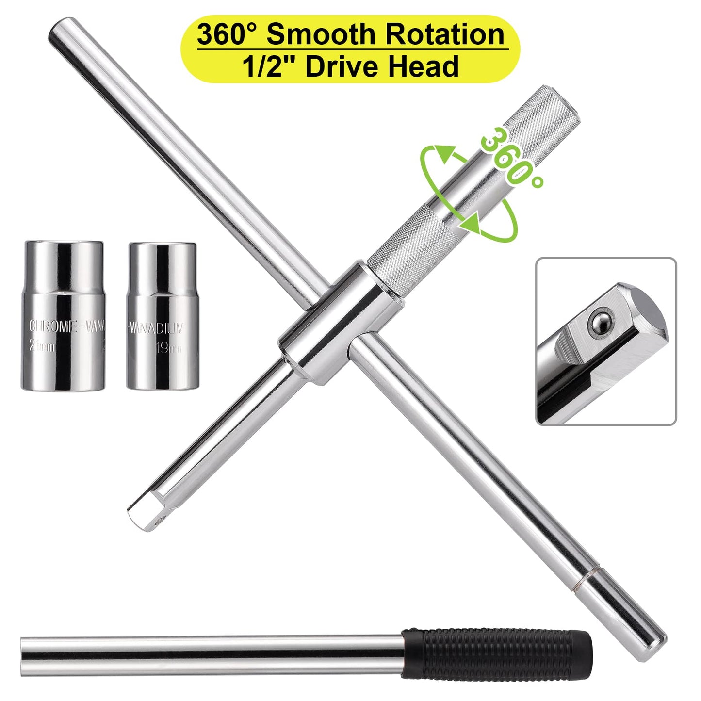 Spurtar 25" Extended Lug Wrench, Heavy Duty Lug Nut Remover Tool, Universal 4 Way Tire Iron Wrench with Standard Sockets (17/19, 21/23mm) and Oxford Storage Bag