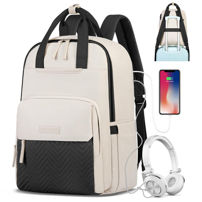 RAINSMORE Laptop Backpack for Women 15.6 Inch Waterproof Work Travel Backpacks for Women Large Quilted College Bookbag with USB Charging Hole Anti-theft Casual Computer Bags for Teacher Nurse