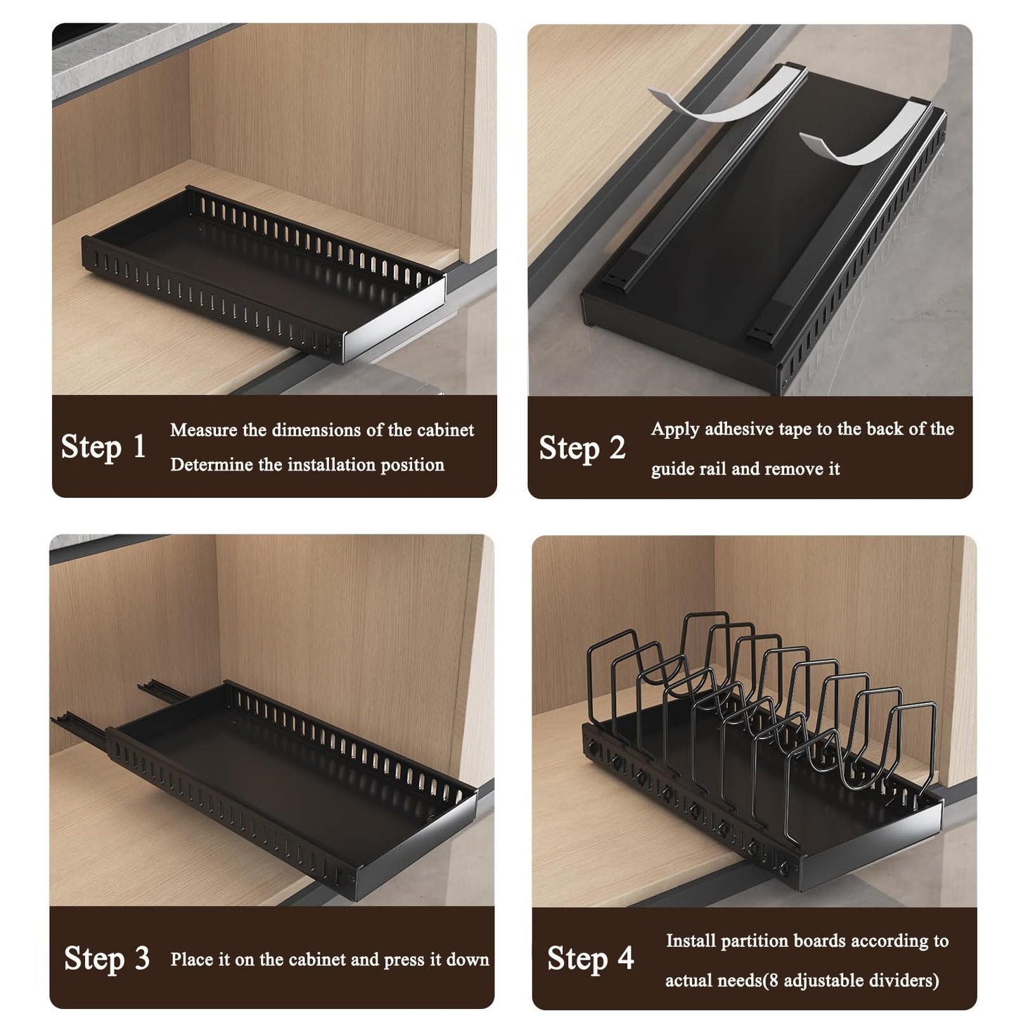Pull Out Pots and Pans Organizer Under Cabinet - Sliding Lid Holder & Pan Rack with 8 Adjustable Dividers, Easy Access Kitchen Storage for Lids, Bakeware, Dishes (Tool-Free Installation)