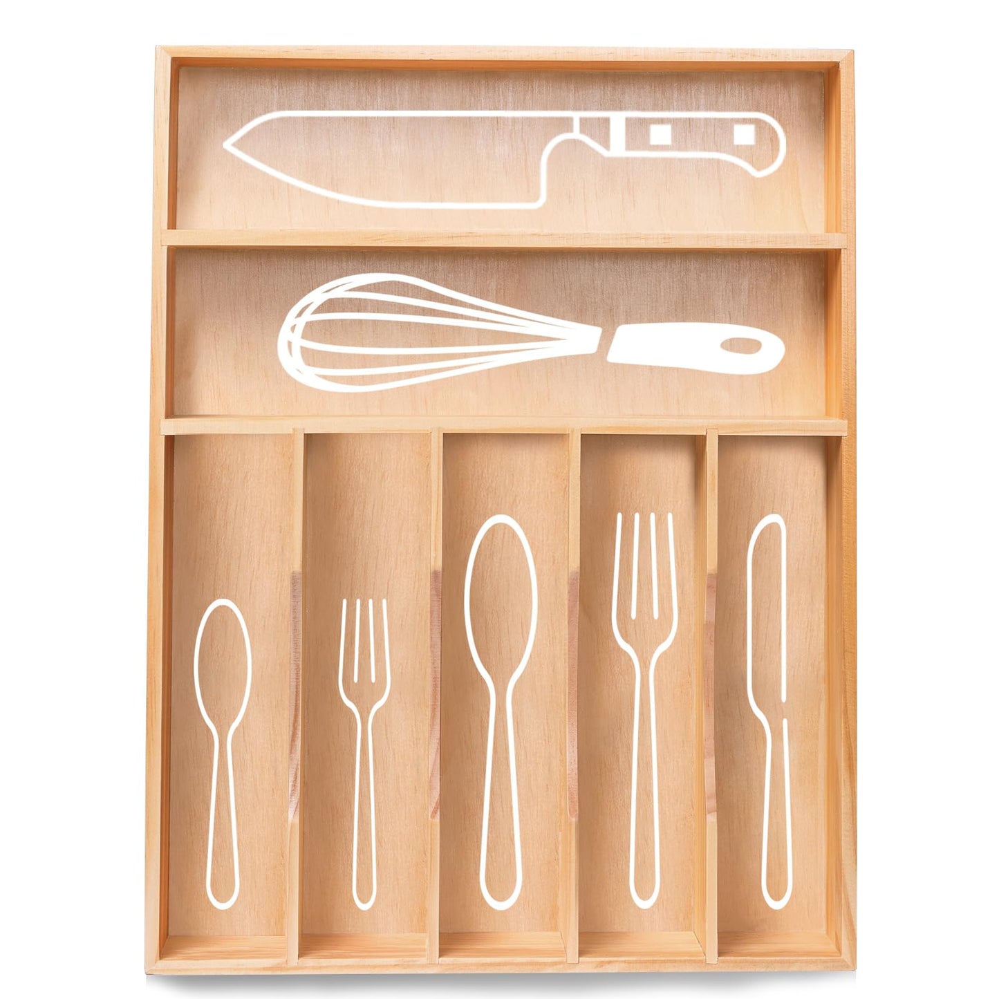 Silverware Organizer, Kitchen Drawer Organizer 13"× 17" Pine Wood Utensil Holder and Cutlery Tray with Grooved Drawer Dividers, 7 Compartment Utensil Tray Wood Caddy for Flatware Forks Spoon, Knives