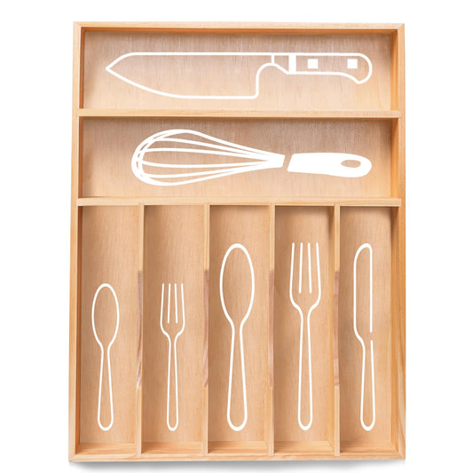 Silverware Organizer, Kitchen Drawer Organizer 13"× 17" Pine Wood Utensil Holder and Cutlery Tray with Grooved Drawer Dividers, 7 Compartment Utensil Tray Wood Caddy for Flatware Forks Spoon, Knives
