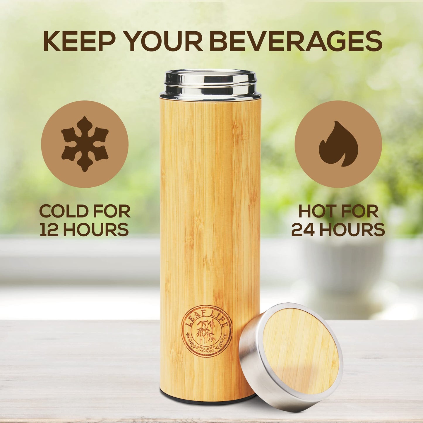 Leaflife Sustainable Bamboo Loose Leaf Tea Tumbler - 17oz Tea Bottle with Infuser - 12 Hrs Hot & Cold-Vacuum Insulated Stainless Steel Tea Gift for Women, Men - Tea Infuser Travel Mug with Lid