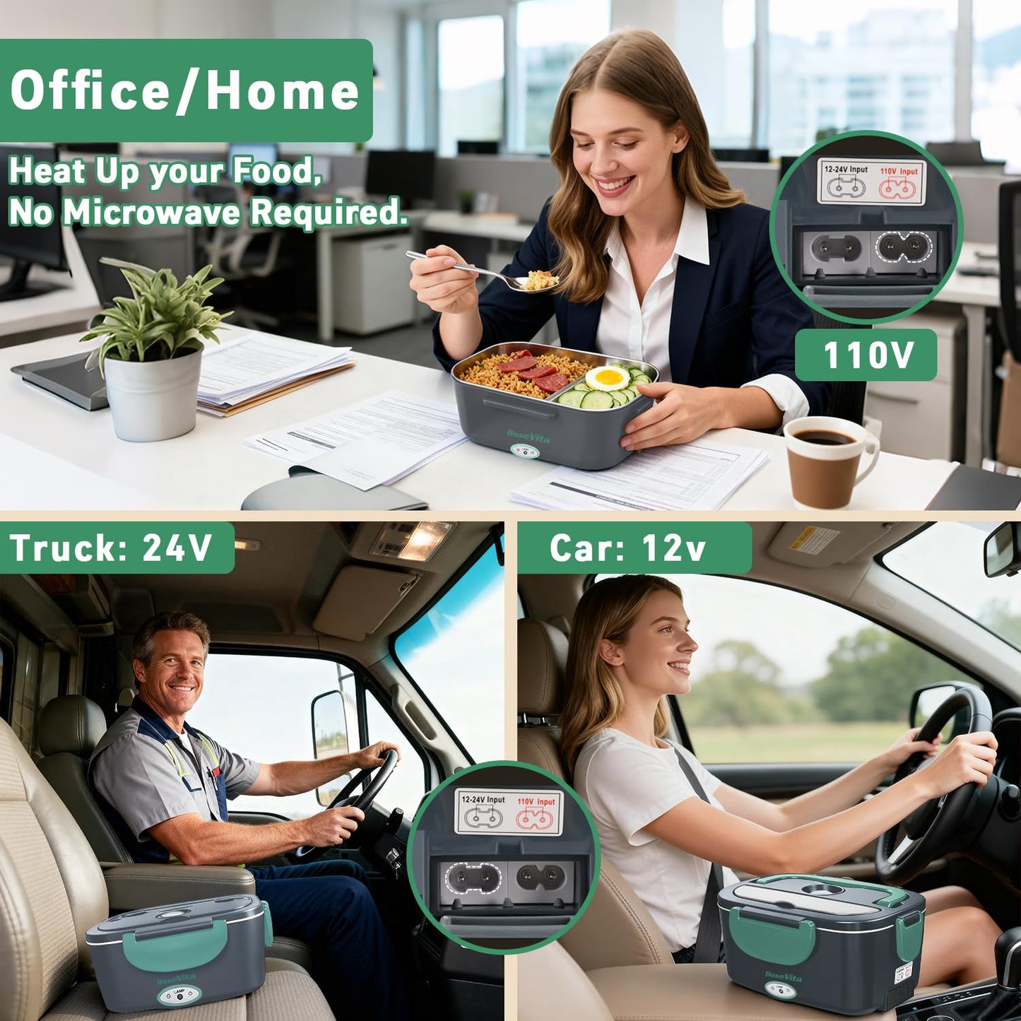 Dosevita Electric Lunch Box for Adults, 80W Heated Lunch Box 1.5L 304 Stainless Steel Portable Food Warmer,12/24/110V Lonchera Eléctrica Portátil for Car, Truck, Work, Travel (Green1)