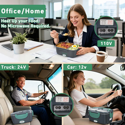 Dosevita Electric Lunch Box for Adults, 80W Heated Lunch Box 1.5L 304 Stainless Steel Portable Food Warmer,12/24/110V Lonchera Eléctrica Portátil for Car, Truck, Work, Travel (Green1)