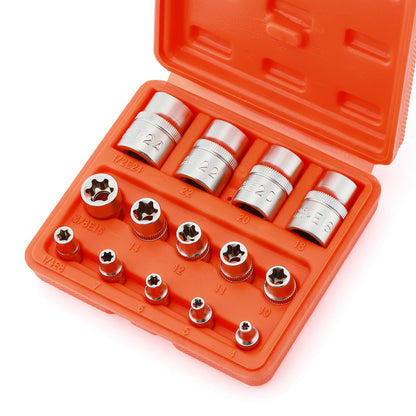 CASOMAN 14 Pieces Female E-TORX Star Socket Set, Female External Star Socket Set, E4 - E24 Torque Socket Set, 1/4" Dr. 3/8" Dr. 1/2" Dr.