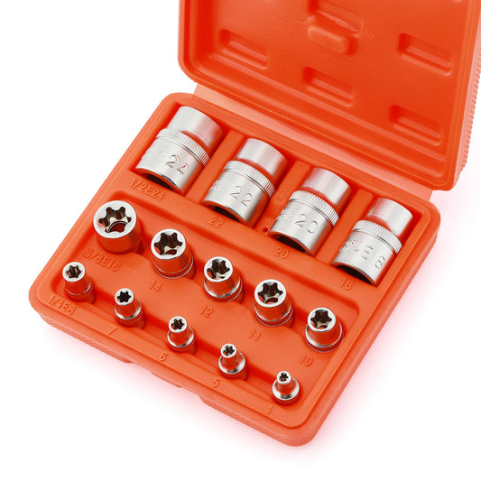 CASOMAN 14 Pieces Female E-TORX Star Socket Set, Female External Star Socket Set, E4 - E24 Torque Socket Set, 1/4" Dr. 3/8" Dr. 1/2" Dr.