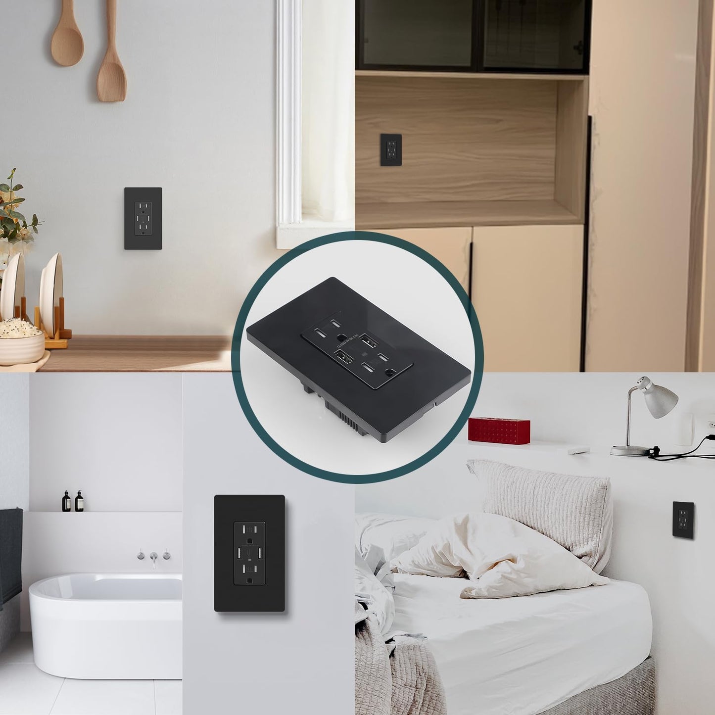 TOPELER 4.8A Black USB Charging Power Outlet, 15 Amp Duplex Tamper Resistant Receptacle, Electrical Socket with Dual USB-A Ports, Wall Screwless Plate Included, UL & FCC Approval