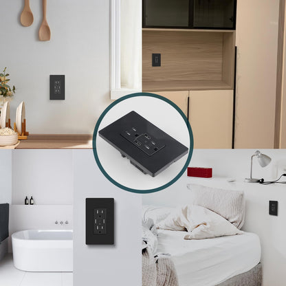 TOPELER 4.8A Black USB Charging Power Outlet, 15 Amp Duplex Tamper Resistant Receptacle, Electrical Socket with Dual USB-A Ports, Wall Screwless Plate Included, UL & FCC Approval