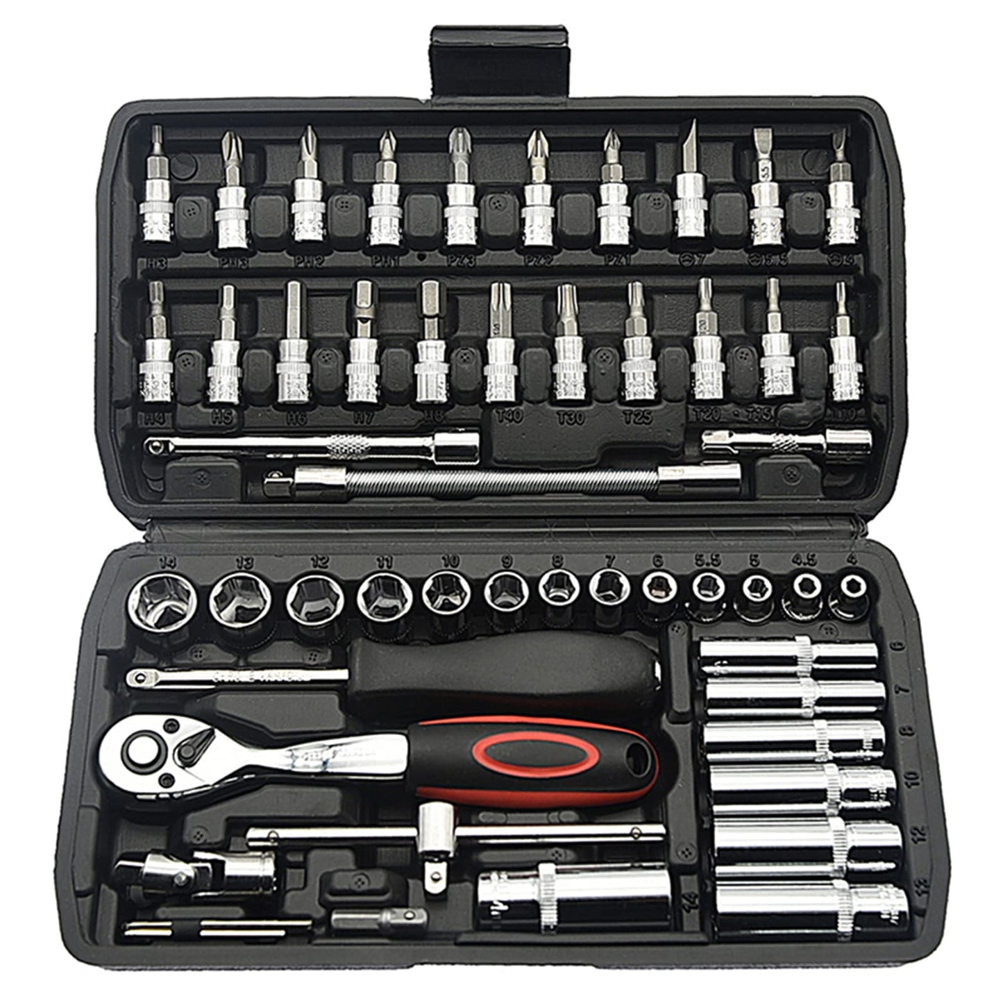 TILIBOTE Socket Wrench Set, 53PCS 1/4 Inch Ratcheting Wrench Set and Extension Bar Gimbal Slide Bar Extension Sockets, Set for Automotive Repair and Home Use.