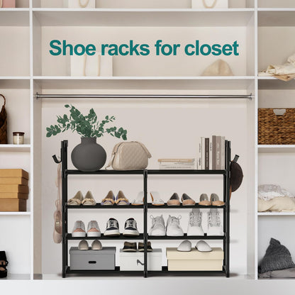 4-Tier Shoe Rack, Black Metal Shoe Racks, Stackable Shoe Shelf with Multifunctional Hooks, Hold 20 Pairs, Space Saving Shoe Rack, Shoes Rack for Closet,Show Rack