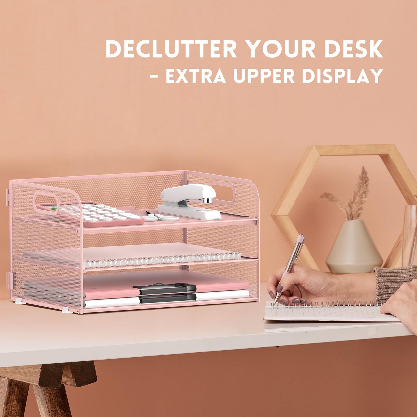 Supeasy 3 Tier Paper Organizer with Handle, Mesh Desk Organizer Letter Tray, Paper Tray File Organizer for A4 File Folder, Pink