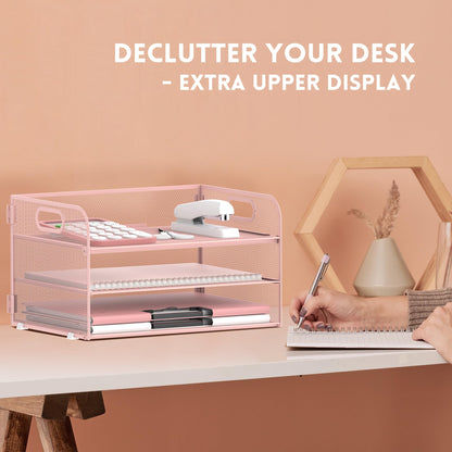 Supeasy 3 Tier Paper Organizer with Handle, Mesh Desk Organizer Letter Tray, Paper Tray File Organizer for A4 File Folder, Pink
