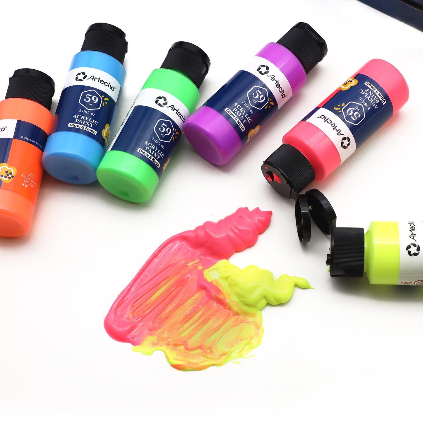 Artecho Acrylic Paint, Paint Set, 6 Neon & Glow in the Dark 2-in-1, 2 Oz Acrylic Paint Supplies for Wood, Fabric, Crafts, Canvas, Leather&Stone