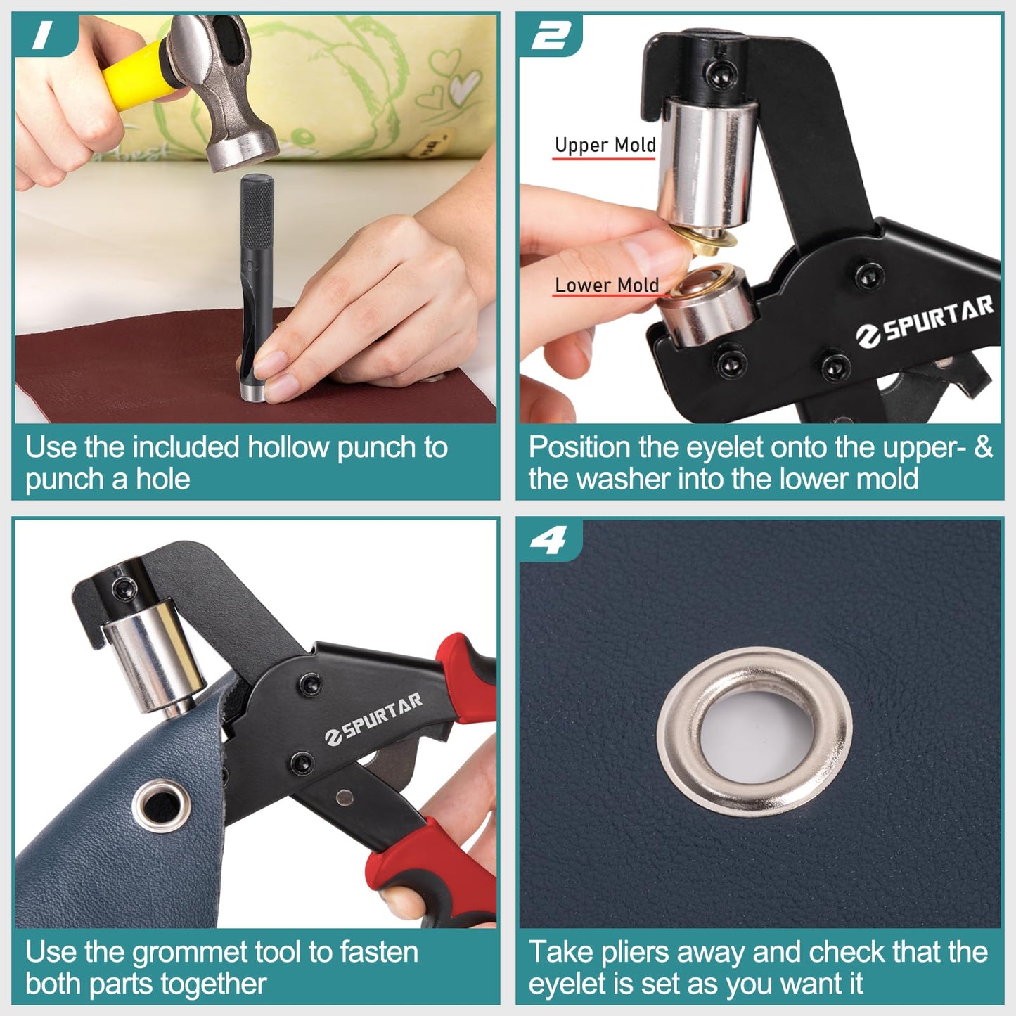 Spurtar Grommet Tool Kit 3/8'' Handheld Grommet Kit Magnetic Eyelet Tool with 10mm Hollow Punch and 500pcs Eyelets for Leather Fabric Belt Tarp Tent Bag Curtain Cardboard