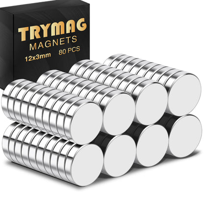 TRYMAG 80Pcs Magnets Disc, 12 x 3mm Small Round Rare Earth Fridge Magnets for Crafts Dry Erase Board, Refrigerator Magnet for Dry Erase Board Whiteboard DIY Scientific Models
