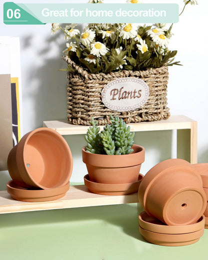 3.7 Inch Terracotta Shallow Succulent Pots - 6 Pack Terra Cotta Clay Pot with Saucer, Cacuts Indoor and Outdoor Planters with Drainage Hole