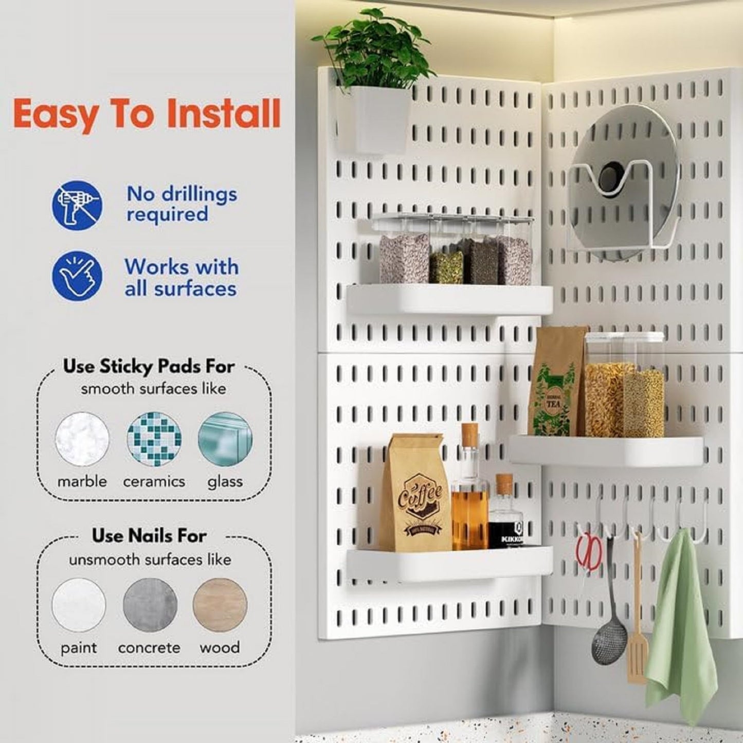 White Plastic Pegboard Organizer Wall Panel, Home Office Kitchen Garage Peg Board Wall Organizer Panels with Hooks Desk Adhesive Pegboards Rack Accessories Kit Display (2 Boards -8 Accessories)
