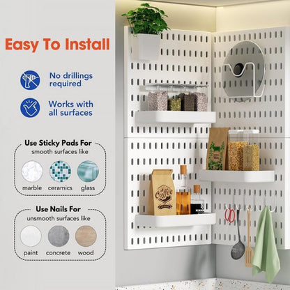 White Plastic Pegboard Organizer Wall Panel, Home Office Kitchen Garage Peg Board Wall Organizer Panels with Hooks Desk Adhesive Pegboards Rack Accessories Kit Display (2 Boards -8 Accessories)