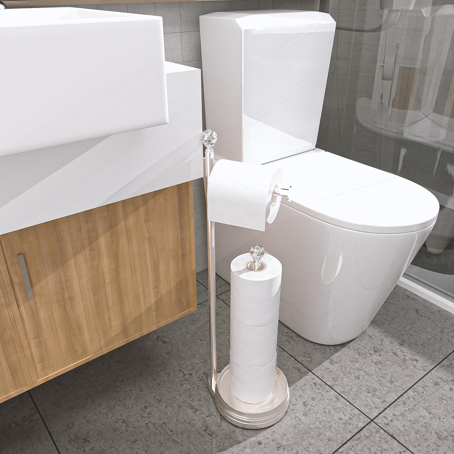 Kasunto Toilet Paper Holder for Bathroom, Heavy Weighted Metal Free Standing Toilet Paper Holder Stand with Crystal Ball, Toilet Paper Roll Stand for Bathroom Accessories